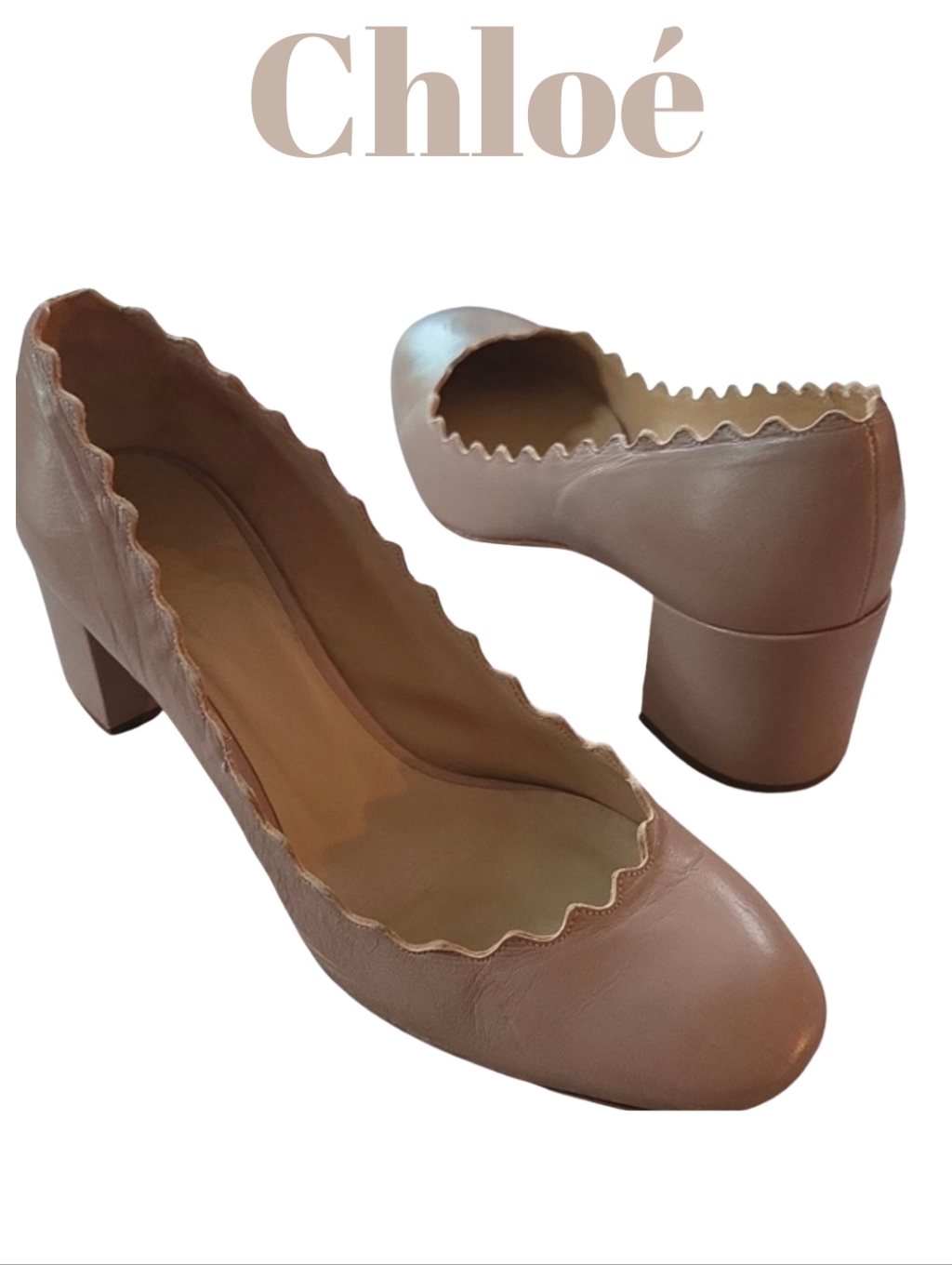 Chloe Iconic 'Lauren' Pump Scalloped Edge Low Block Heel Pump Nude Tan 6.5